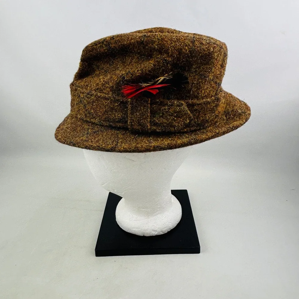 Vintage Dobbs Tweed Trilby Hat Mens 7 1/4 Brown Wool Feather Woollens Britain